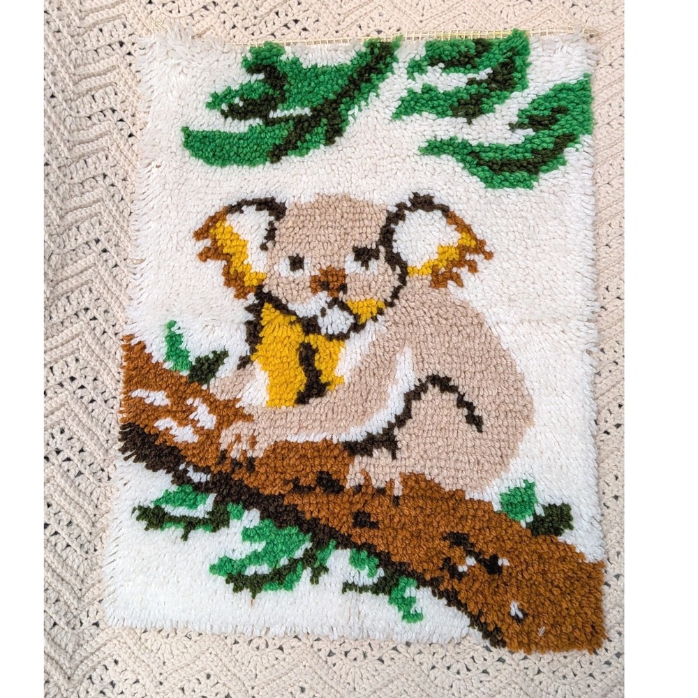 Vintage Latch Hook Rug Wall Hanging Koala Bear Tree Branch Retro 18x23 Art